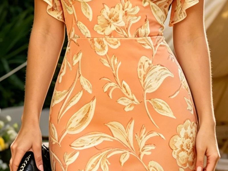 Women's Peach V Neck Maxi Dress with Floral Print Flare Sleeve Casual Party Dress for Summer