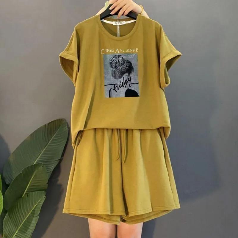 Костюм женский большого размера хлопковая футболка с капюшоном брюки из двух частей удобный топ с короткими рукавами и длинные брюки костюм из 2 предметов