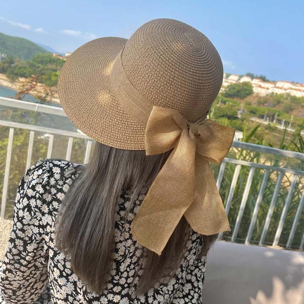 Portable Big Brimmed Woven Cap Breathable Bow Fisherman Cap Straw Weaving Beach Hat  Seaside