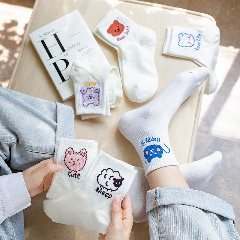 6 Pairs of Women's Spring and Autumn Cartoon Cute Animal Letter Slogan Sweet College Style Summer Breathable Mid Tube Socks