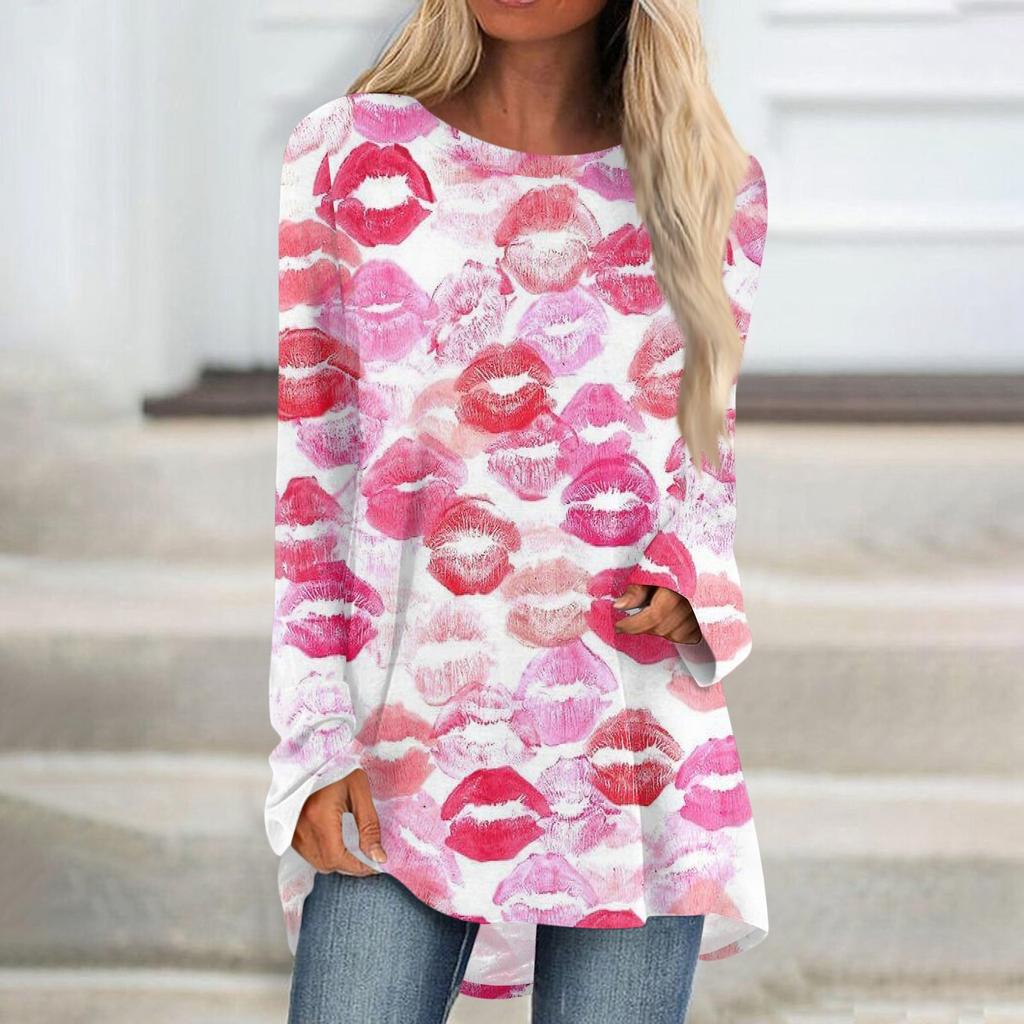 Женская мода повседневная блузка с длинным рукавом и принтом «Любовь ко Дню святого Валентина», круглый вырез, пуловер