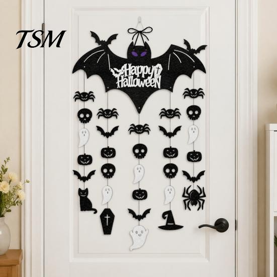 Spooky Home Decor Happy Halloween Bat Hanging Door Sign, Skull Spider Paper Black Cutouts Ornament, Large Wall Hanger for Party Supplies Sign