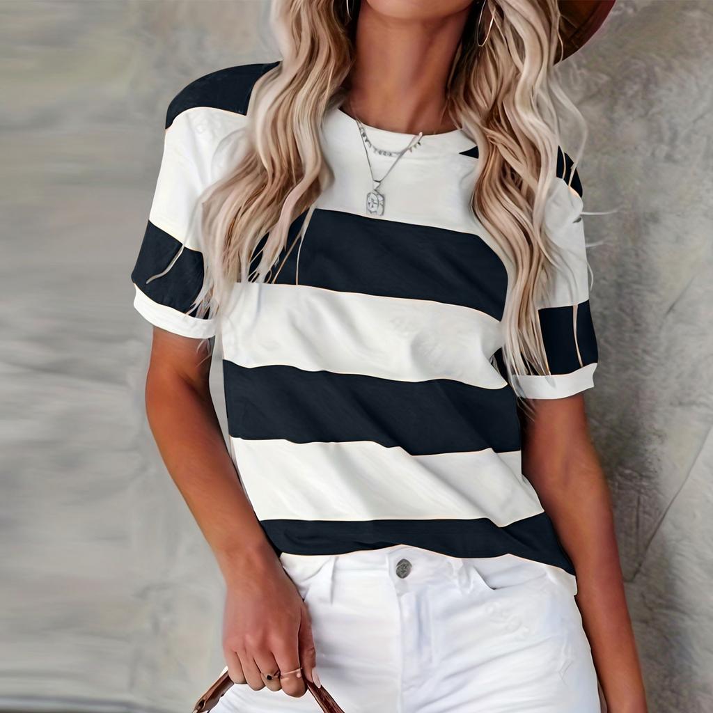 Blue White Stripe Patchwork Women's Tees Top Summer Short Sleeve Round Neck Slim Pullover Tops Fashion Vintage Female Clothing