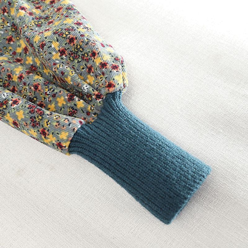 Corduroy Floral Women Dresses Vintage Knitted Patchwork Vestidos  Sweet Korean Long Dress A-line