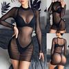 Women Sexy Solid Color Long Sleeve See Through Sheer Nightwear Bodycon Dress