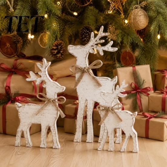 Handcrafted Reindeer Sign 3Pcs/Set Wooden Christmas Elk Table Sign, Rustic Family Tabletop Decoration, Decorative Jute Rope Bow Centerpiece