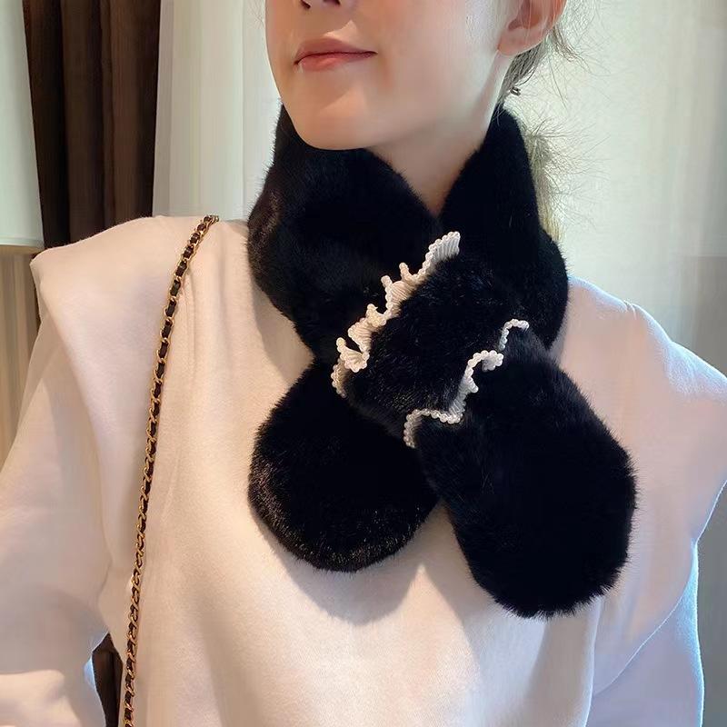 Шарф женский зимний утолщенный теплый плюшевый рекс кролик шерсть крест корейская версия универсальный шарф модный жемчужный маленький шарф