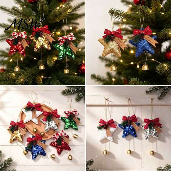 Sparkly Party Decorations Glitter Star Bell Ornaments, Sequin Hanging Decoration with Bow Pine Reusable Holiday Ornaments Cone, Christmas Tree Pendant