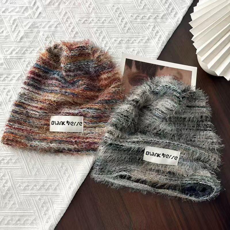 Big head wool hat stack hat female lazy feeling autumn and winter show small face fashion thickened warm knitted hat mixed color