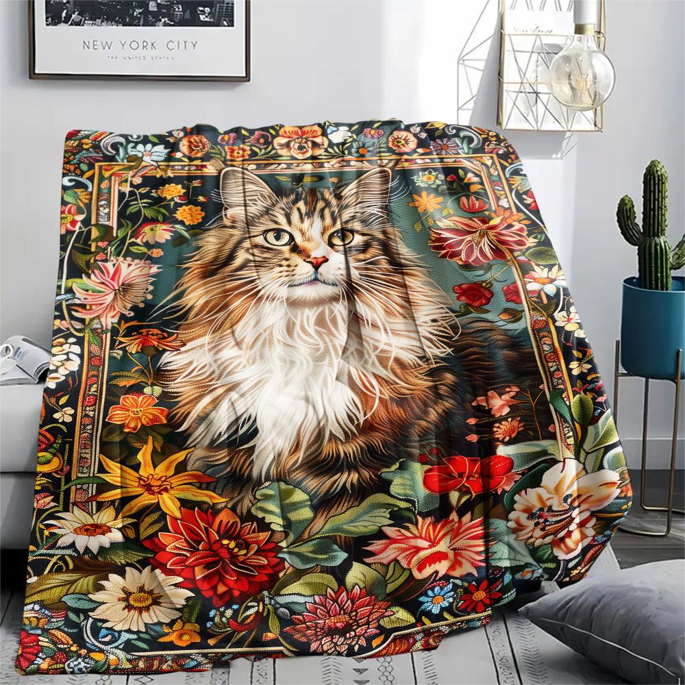 1Pc Boho Floral Cat Print Flannel Blanket, High quality Comfortable for All Seasons, Home Decor, Warmth and Comfort, Perfect for Christmas Gifts