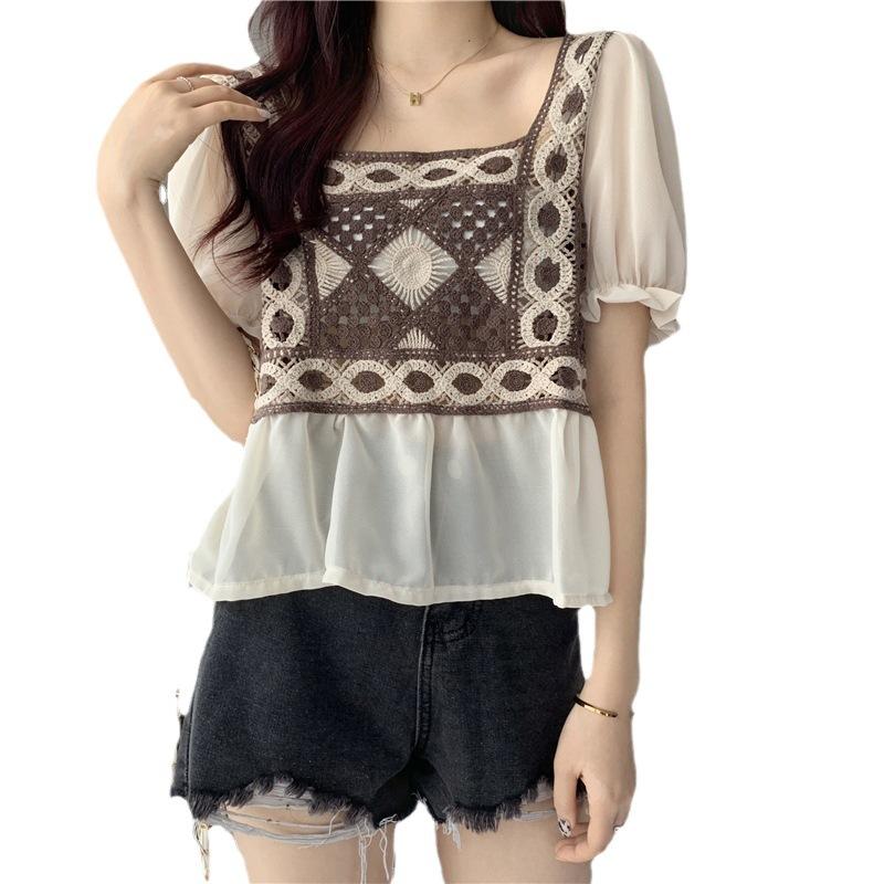 Рубашка с короткими рукавами и квадратным вырезом в стиле ретро, женская, свободного покроя, Sense Niche, летняя, свободного покроя, повседневная, удобная, в стиле Slim Fit, пуловеры, футболки