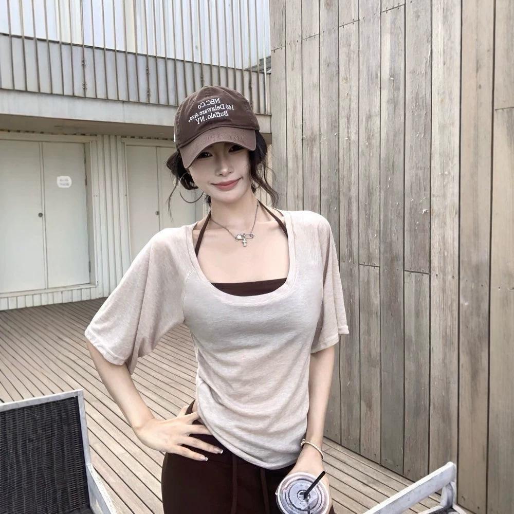 Piece set, new Korean loose and thin short-sleeved T-shirt for women's summer pure desire wind sunscreen stacked on a small top