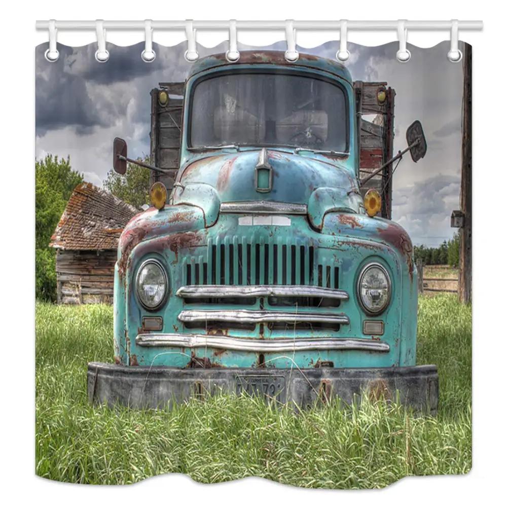 Rustic Shower Curtain Old Wooden Barn with Rusted Tractor Hillside Wooden Fence and Trees Cloth Fabric Bathroom Decor with Hooks
