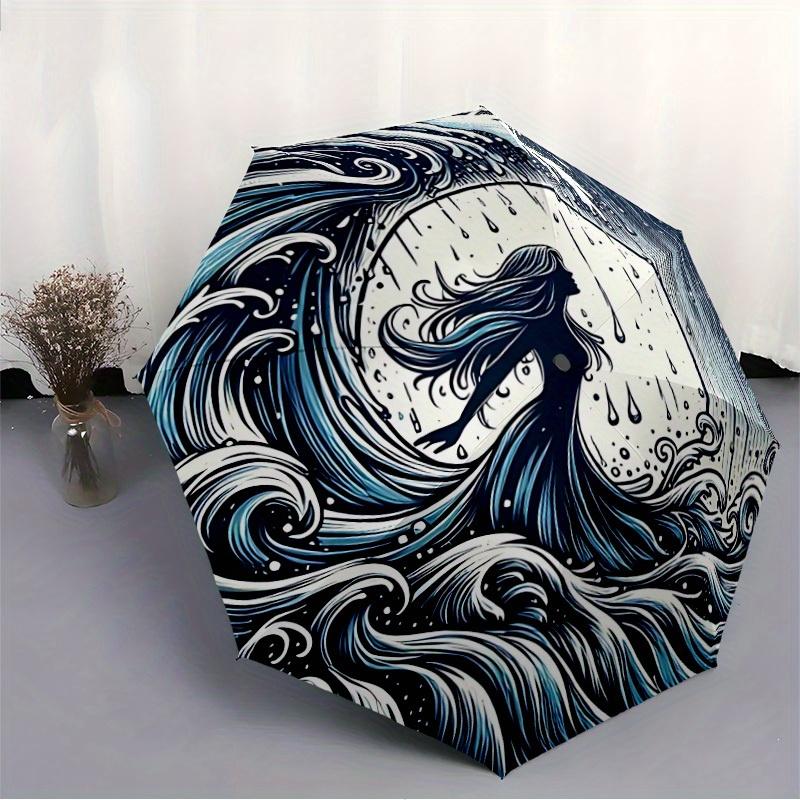 1pc Ocean Waves Auto Open/Close Umbrella, Portable Folding Umbrella for Travel, Themed Events,