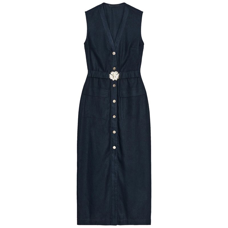 Zaprha 2025 Summer New Flip Pocket Decoration With Belt V-neck Sleeveless Midi Dress 8208709