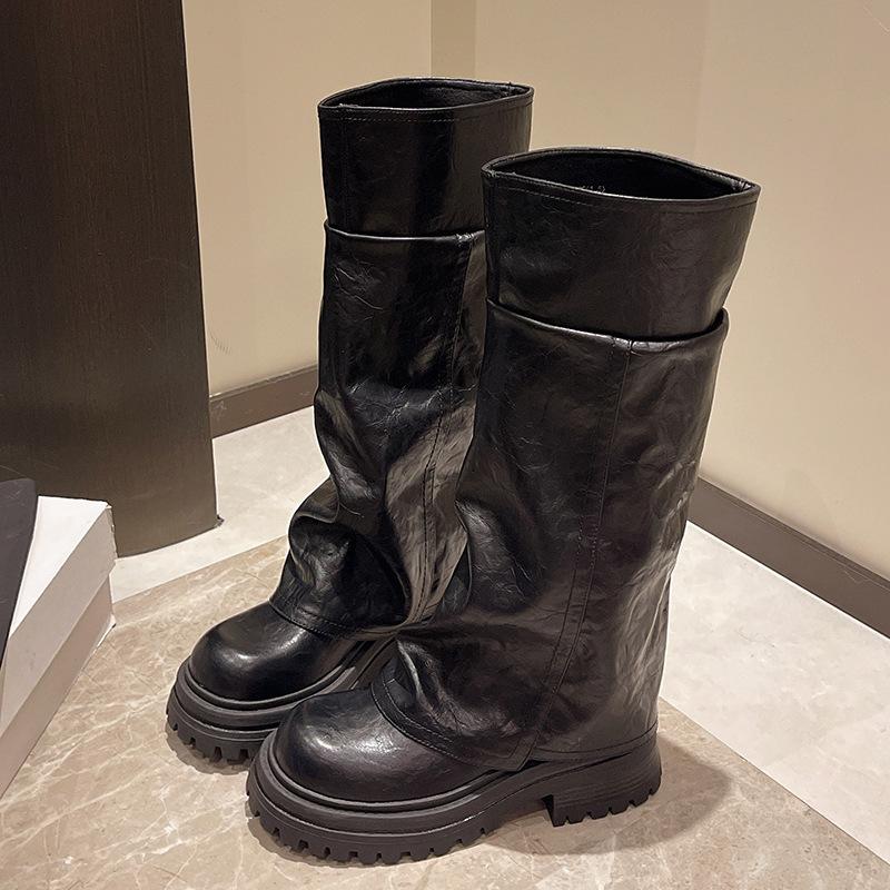 Women Winter Platform Knight Long Boots Fashion Elegant Slimming Shoes Vintage Square Heels Women's Western Knee-High Booties