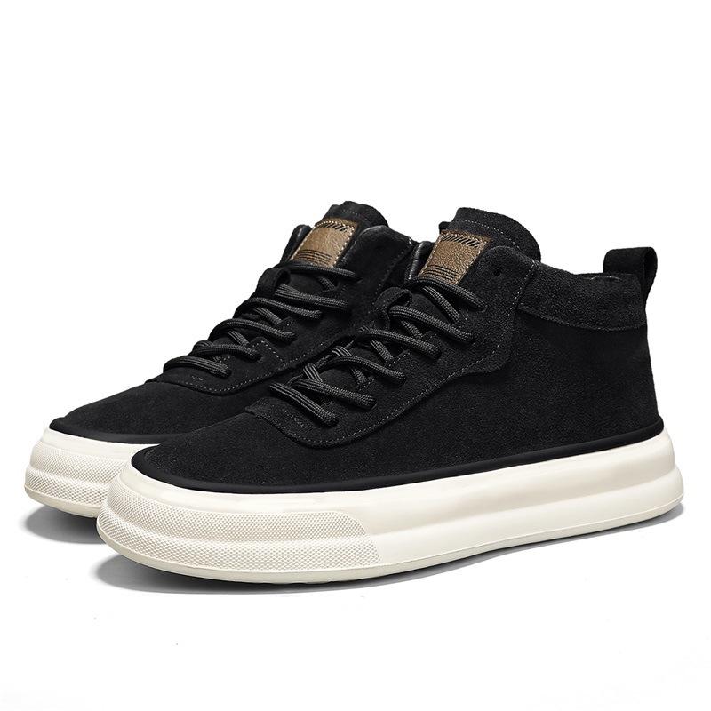 Весенние мужские кеды с высоким верхом и толстой подошвой, черные новые матовые кожаные туфли, мужские дышащие и универсальные легкие повседневные туфли