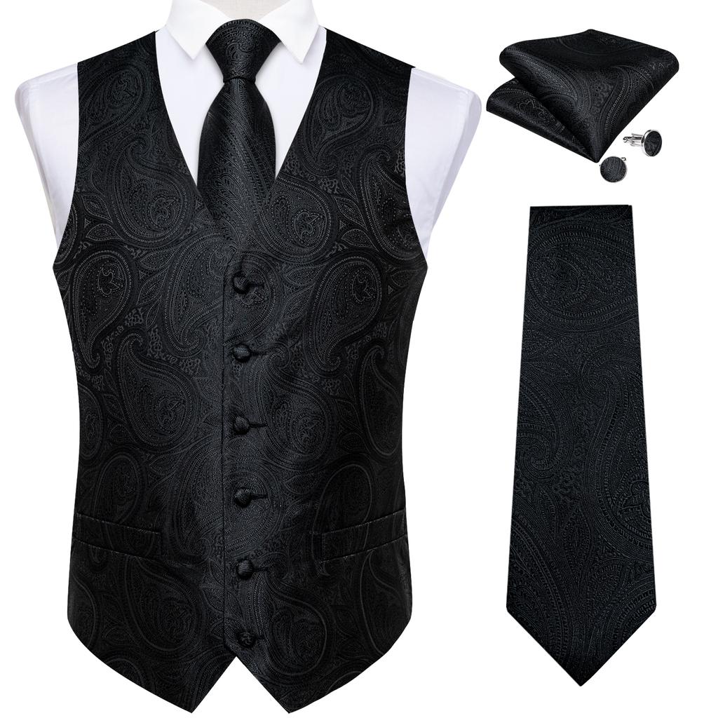 Mens Silk Slim Waistcoat Dark Purple Paisley Wedding Suit Vest Tie Cufflinks Set