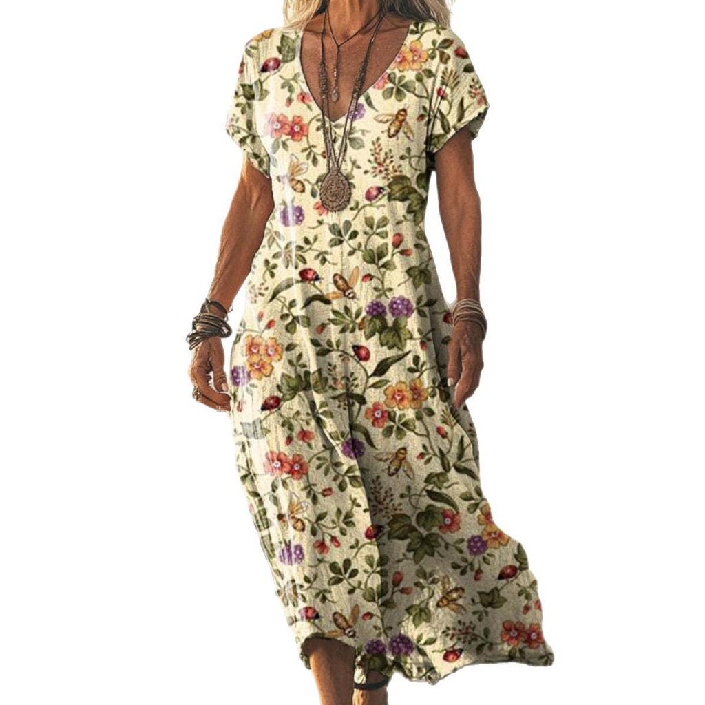 Bohemian Retro Print Raglan Sleeve Summer Maxi Dress