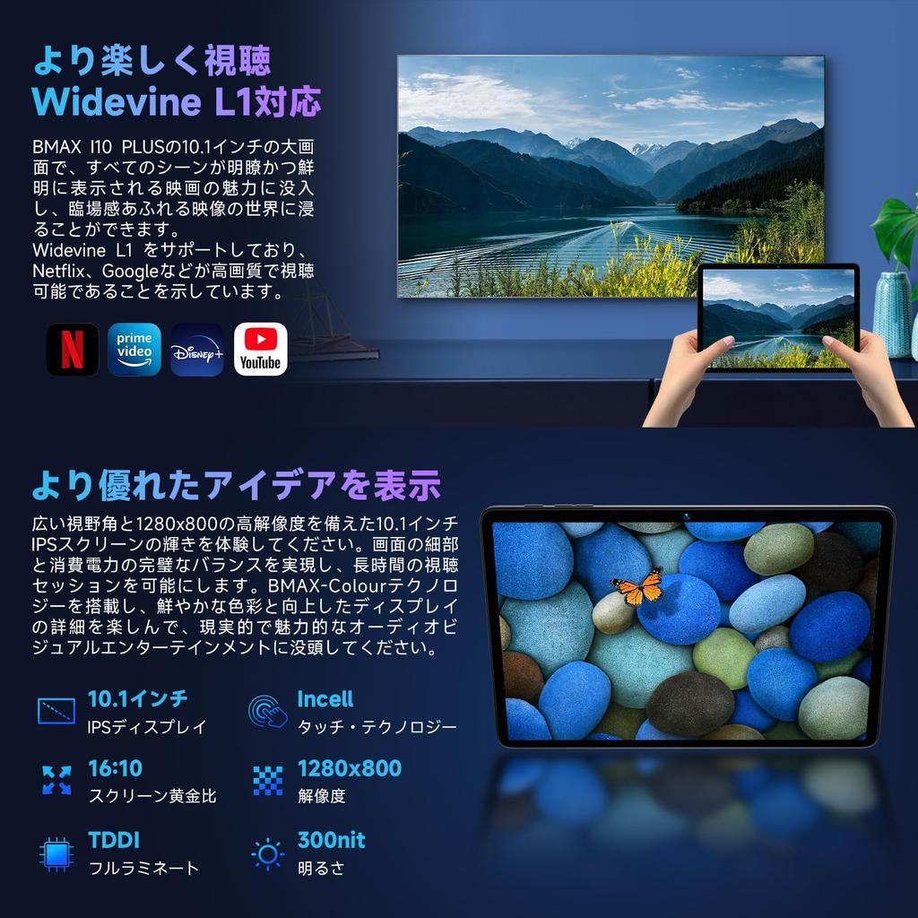 Appearance of Android 15 Bmax I10 Plus Android 15 Tablet 10 12GB 128GB 1TB WidevineL1 Netflix CPU T606 6000mAh Full Function Type C 5GWiFi OTG Facial