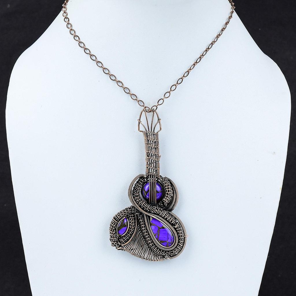 Медный кулон с чароитом, подвеска из медной проволоки с драгоценным камнем, подвеска ручной работы, элегантное ювелирное изделие, подвеска в виде гитары для подарка, антикварная медная бижутерия