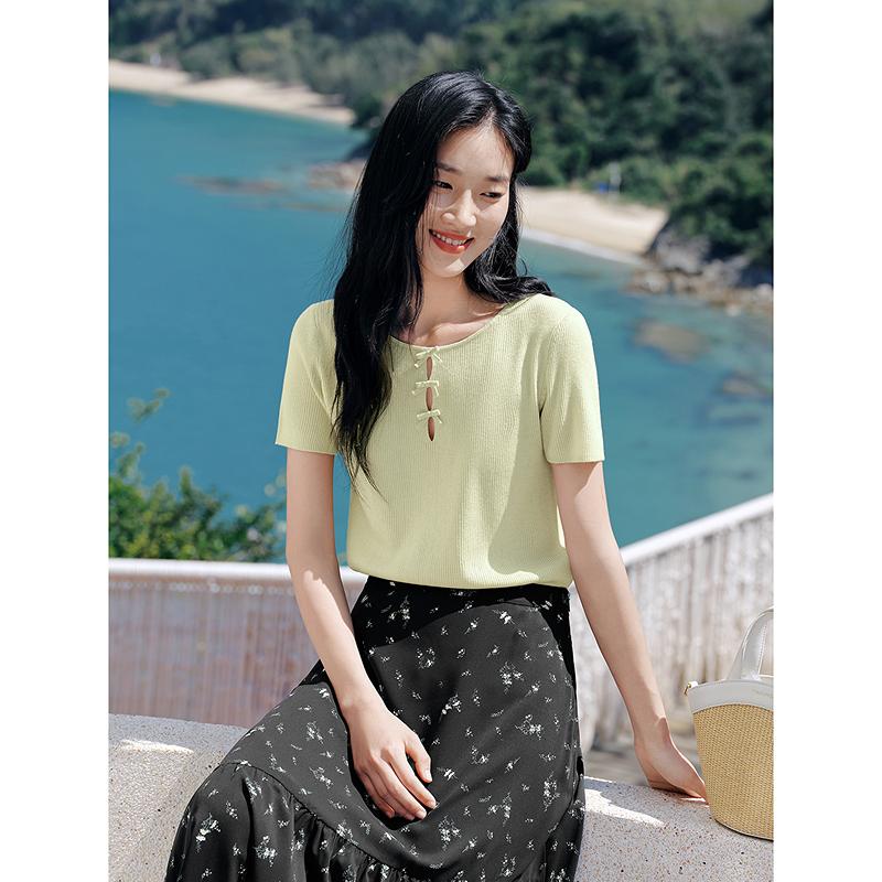 Jiuzi Anna Kou Leisure Age Reducing Bow Knitted Short Sleeve Women's 2026 Summer New Style