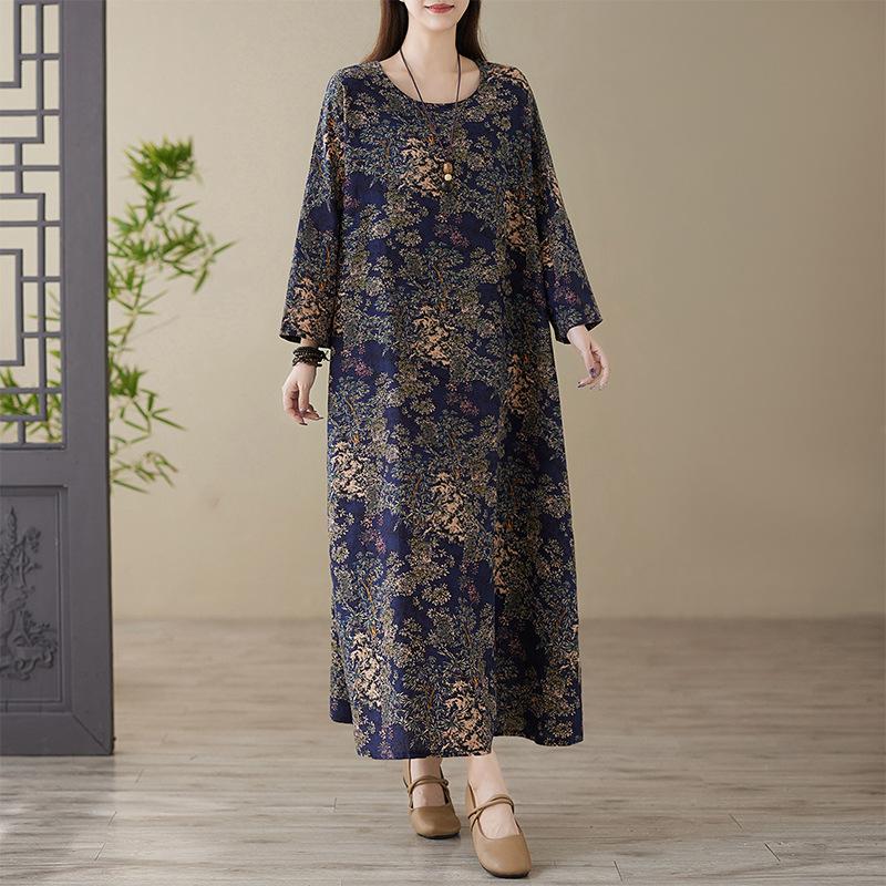 Весеннее цветное платье в стиле «отпуск», для путешествий в стиле ретро, свободное, повседневное, большого размера, с длинными рукавами, из хлопка и льна