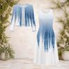 Women Plus Size Two Piece Dress Set Round Neck Long Sleeve Blue White Printed Cropped Cardigan Sleeveless Dress