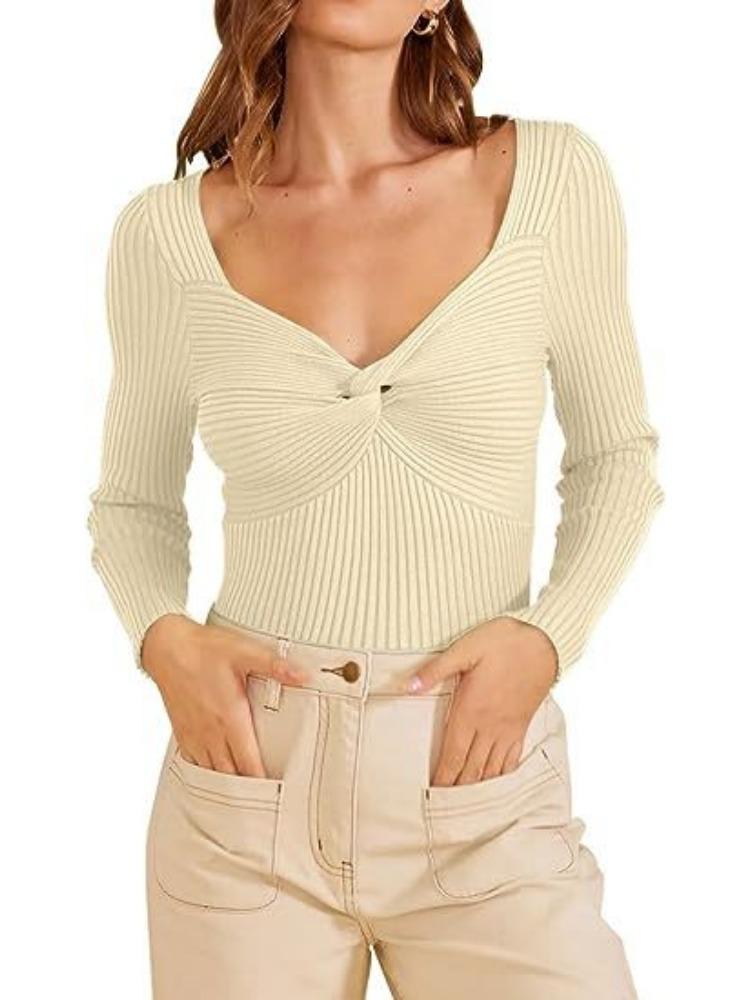 Осень Зима Женский Элегантный Вязаный Свитер с Длинным Рукавом и Перекрестом спереди, Роскошный Топ Свободного Кроя, Придающий Стройность и Универсальный