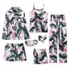 7 Pcs Suit Women Pajamas Print Fashion Satin Sleepwear