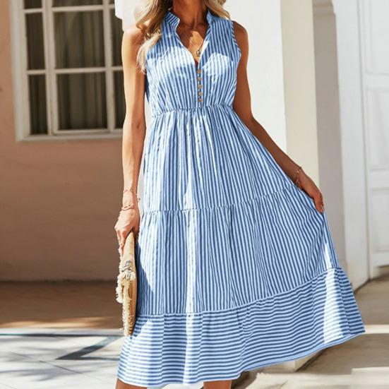 Женское летнее платье в полоску с принтом, эластичной талией, без рукавов, с большой пуговицей, повседневная одежда, контрастный цвет, V-образный вырез