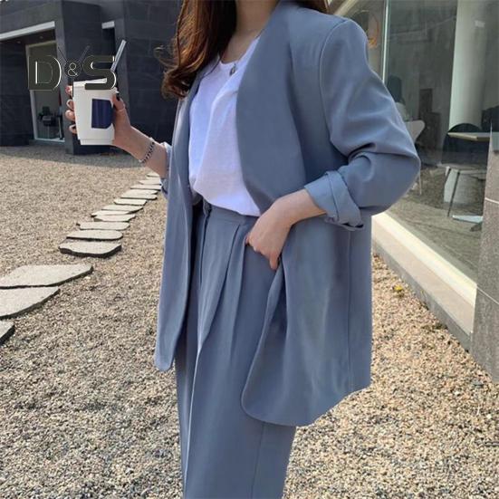 Женский комплект из 2 предметов: пальто и брюки, длинный рукав, ажурный кардиган, куртка средней длины, свободные прямые широкие брюки с высокой талией, формальные деловые брюки