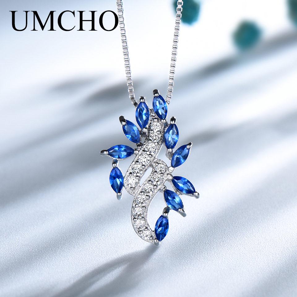 Umcho Pendants Necklace For Women Blue Sapphire Leaf Gemstone Wedding Jewelry with Chain