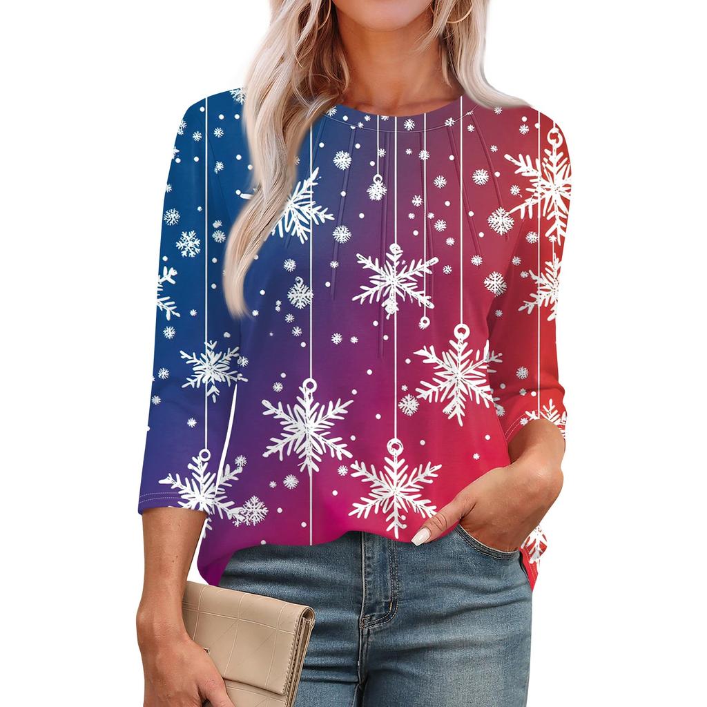 Женская модная футболка с круглым вырезом и рукавом 3/4 с рождественскими принтами, повседневная базовая плиссированная футболка-пуловер