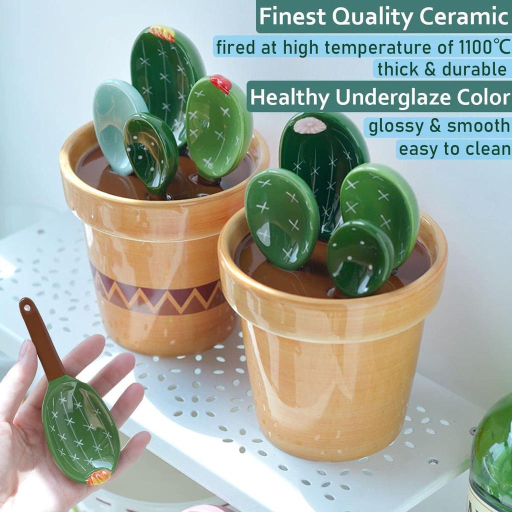 Cactus Measuring Spoons Set in Pot Unique Measuring Cups and Spoons for Coffee Salt Sugar Novelty Cute Baking Gifts Dishwasher Safe Ceramic Measuring