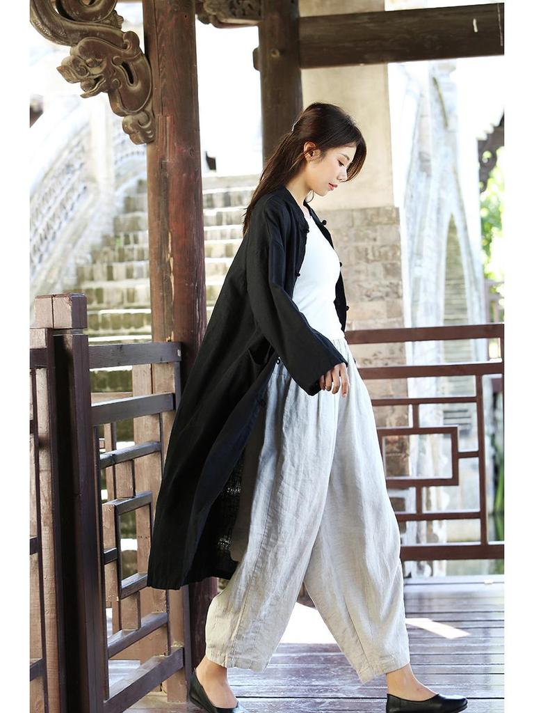 Women's Mid-Length Cotton Linen Cardigan - Retro Sand Washed