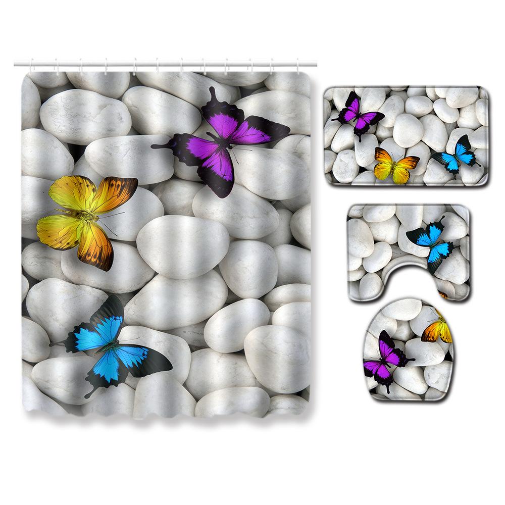 Shower Curtain Floor Mat Toilet Cover Foot Mat Door Mat Carpet Four-Piece Pattern