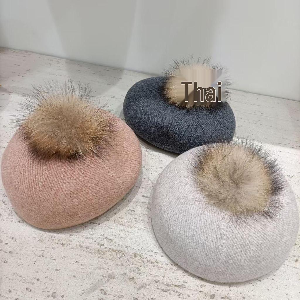 Женский зимний шерстяной берет 2023 года с помпоном из меха енота