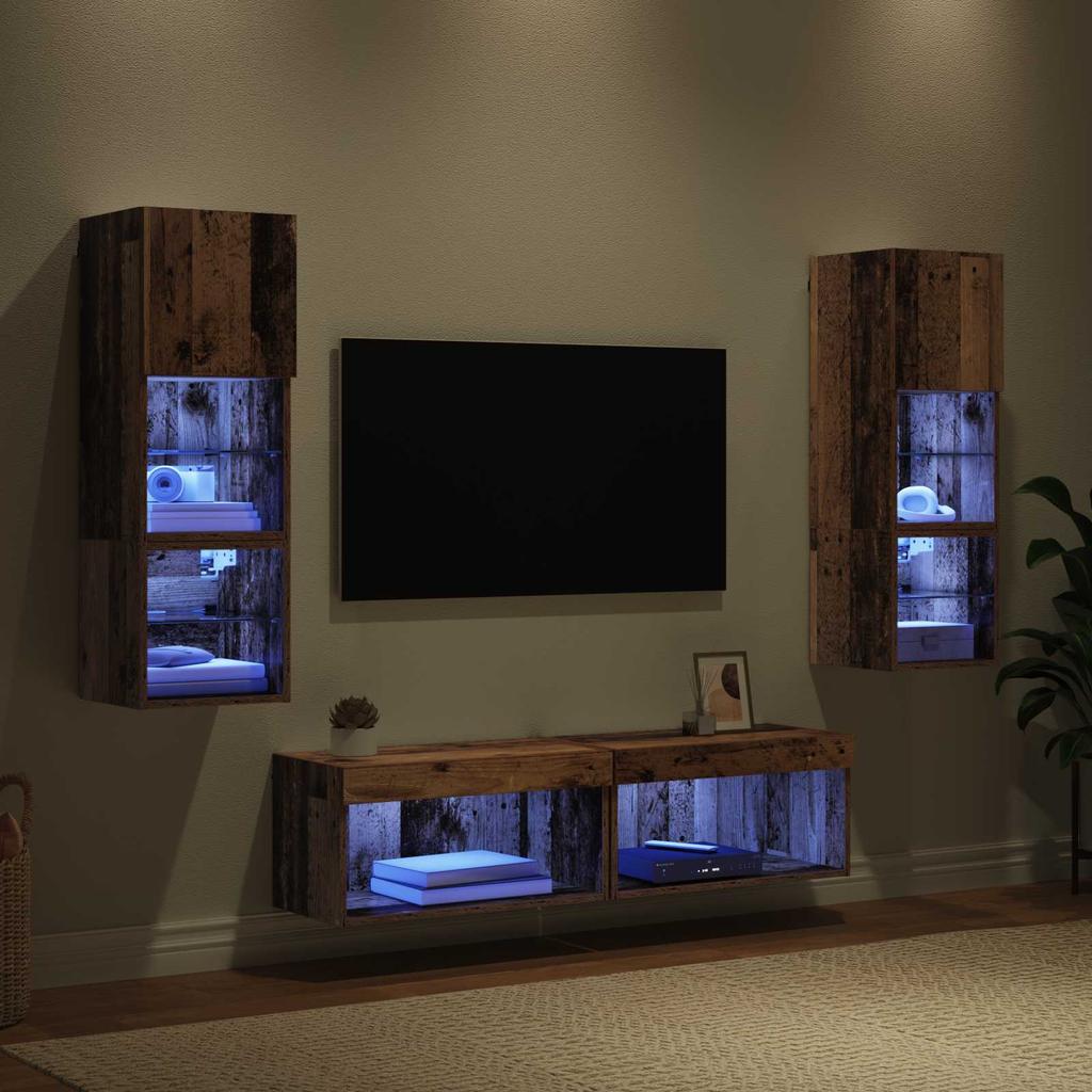 TV Wall Unit with LED Light Strips 6 pcs Reclaimed Wood Effect Particleboard