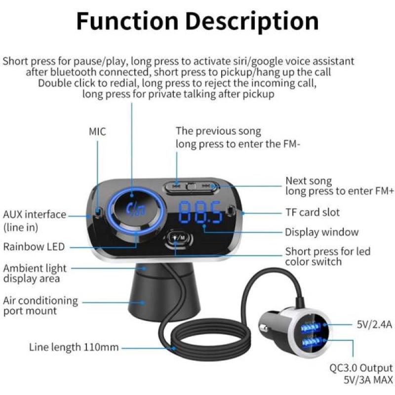 FM-передатчик Bluetooth с громкой связью, беспроводной радиоадаптер, автомобильный комплект, Mp3-плеер