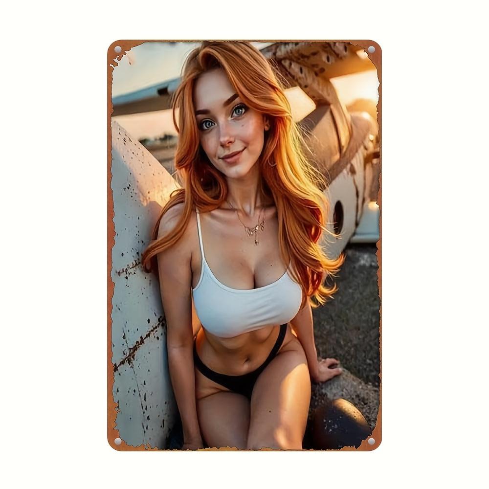 Ретро Металлическая Настенная Арт-Вывеска 8x2 Алюминиевый Декор с УФ-Печатью для Дома Бара Кафе Уличных Пространств Рыжеволосая Женщина с Золотым