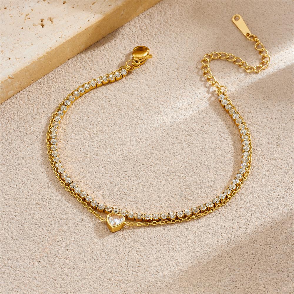 Simple Versatile Rhinestone Eight-Pointed Star Heart Pendant Full Diamond Chain Double Layer Bracelet