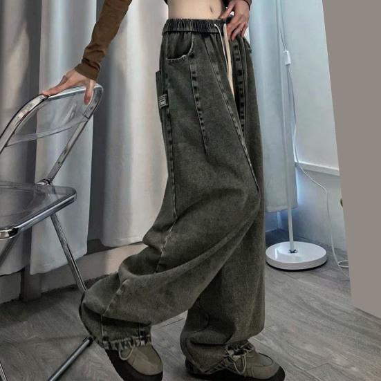 Женские джинсы с широкими штанинами длиной до пола, свободные джинсовые шнурки с эластичной резинкой на талии, сплошной цвет в стиле хип-хоп, уличная одежда, глубокие карманы с промежностью, винтажные прямые длинные брюки