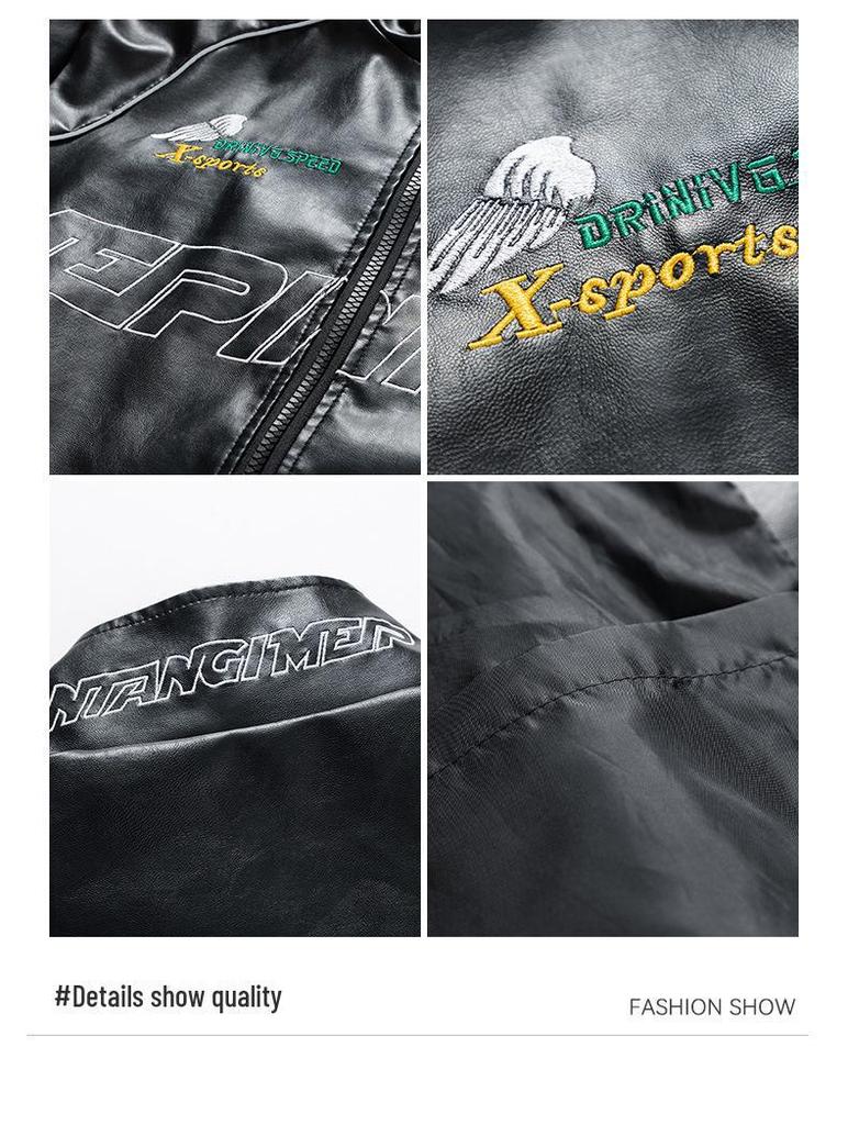 Мужская зимняя куртка 2024 года из искусственной кожи с вышивкой и воротником-стойкой — модный и повседневный американский стиль