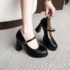 Мода 2025 Новые женские туфли на толстом каблуке Весенние Новые с круглым носком с неглубоким вырезом на толстой подошве Противоскользящие Износостойкие Высокие каблуки