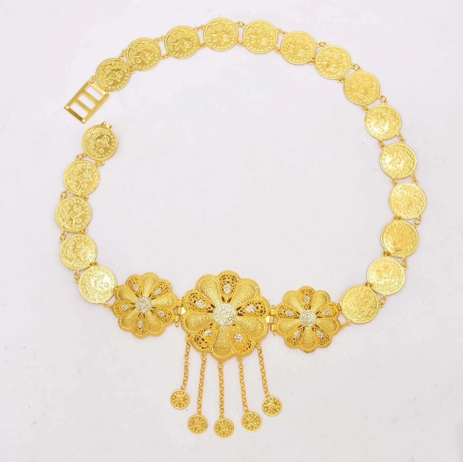 Gold Large Flower Rhinestone Long Chain Coin Tassel Metal Belt Body Jewelry
