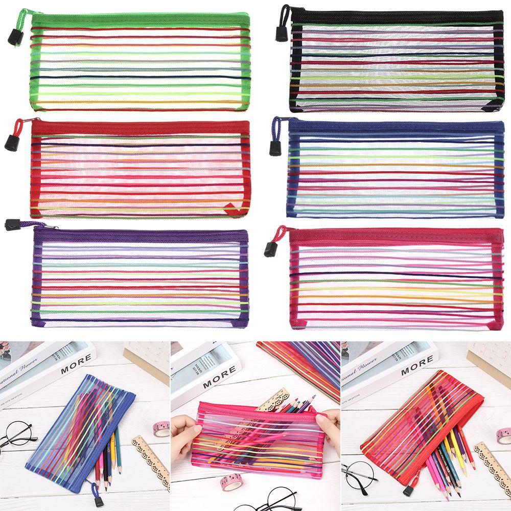 Purse Makeup Stationery Rainbow Color Nylon Grid Cosmetic Storage Mesh Pen Bag Zipper Pencil Case