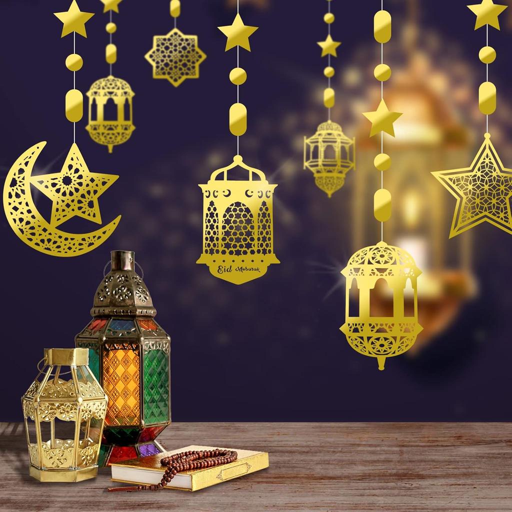 Zonon 24 Pcs Islamic Star Moon Lantern Ramadan Garland Eid Decoration Streamer Ramadan Mubarak Party Banner Backdrop Shining Hanging Wall Decorations