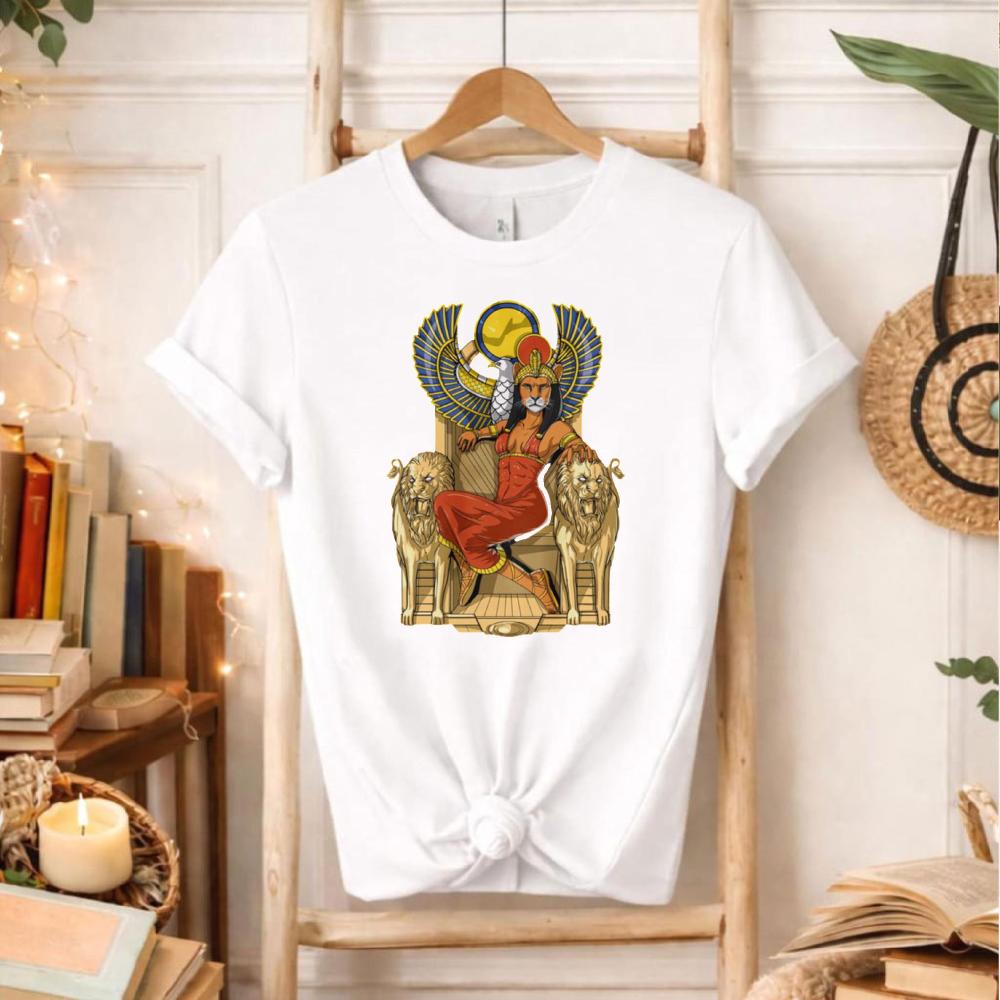 Egyptian Sekhmet Lion Goddess on Throne with Double Lions Graphic T-Shirt Retro Egypt Deity Art Cotton Streetwear Cotton Top