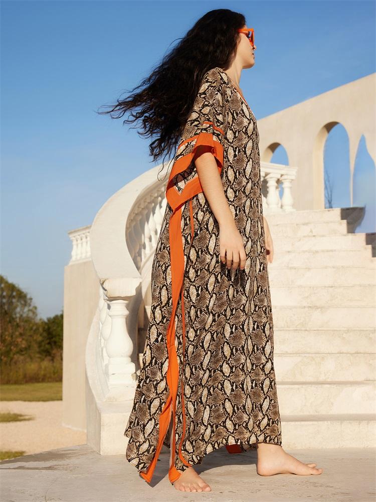 EDOLYNSA Кафтан с оранжевым змеиным принтом размера плюс, летнее длинное пляжное платье, женская домашняя одежда, купальный костюм, свободный кафтан